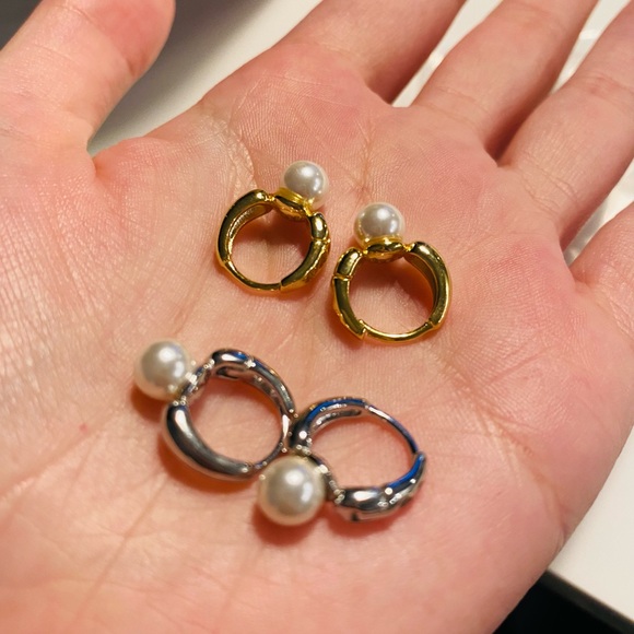 Cute Pearl hoop earrings sterling silver wedding gift vermeil - Picture 7 of 11